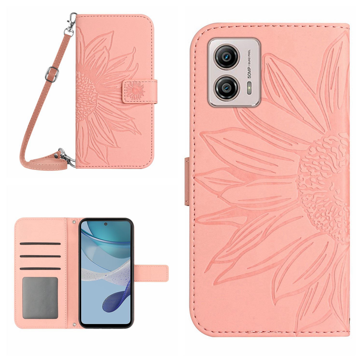 HT04 Stand Wallet Cover for Motorola Moto G53 5G Sunflower Imprinted PU Leather Case with Shoulder Strap HT04 Stand Wallet Cover for Motorola Moto G53 5G Sunflower Imprinted PU Leather Case with Shoulder Strap